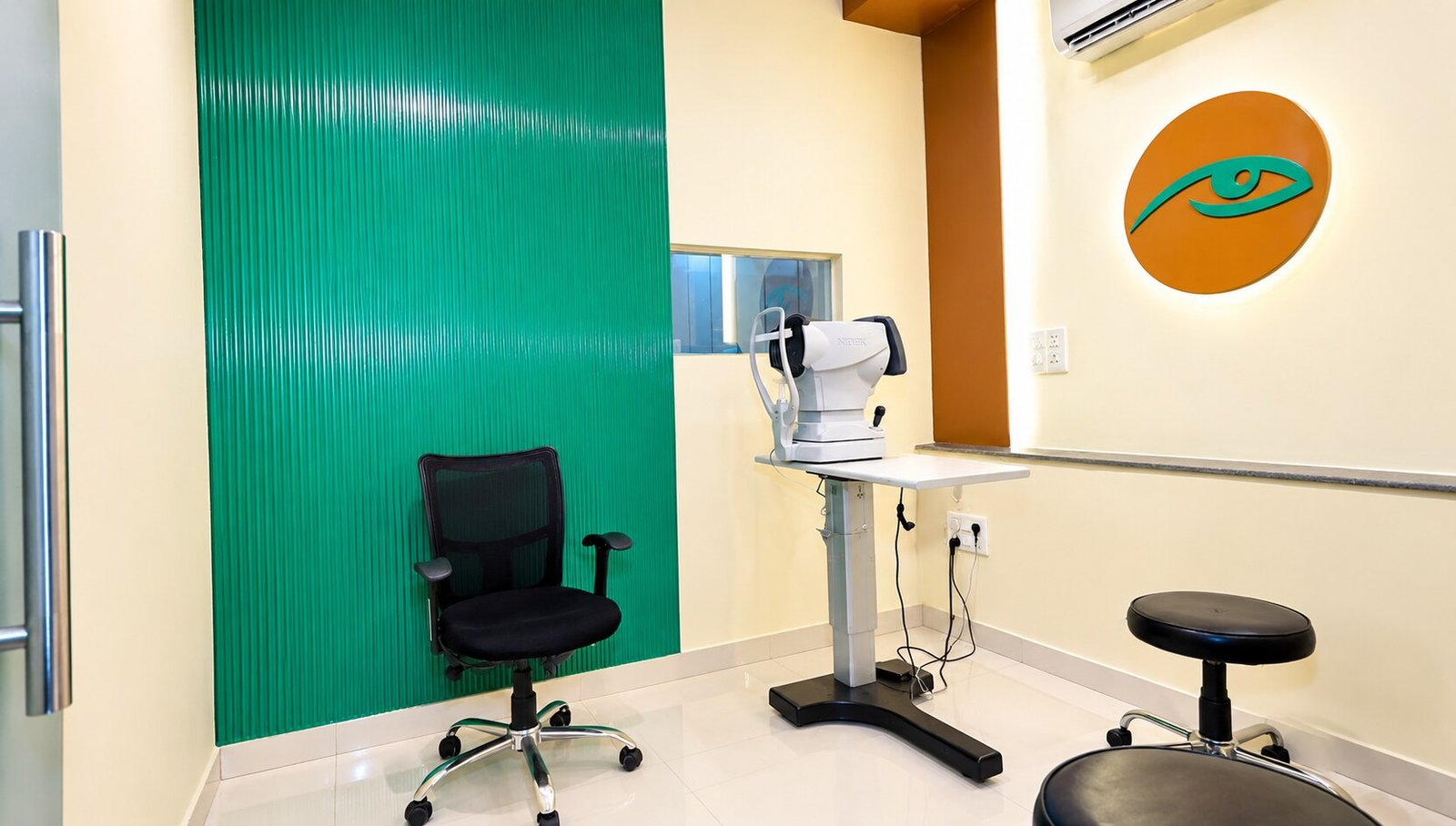 Clean eye examination room with diagnostic equipment