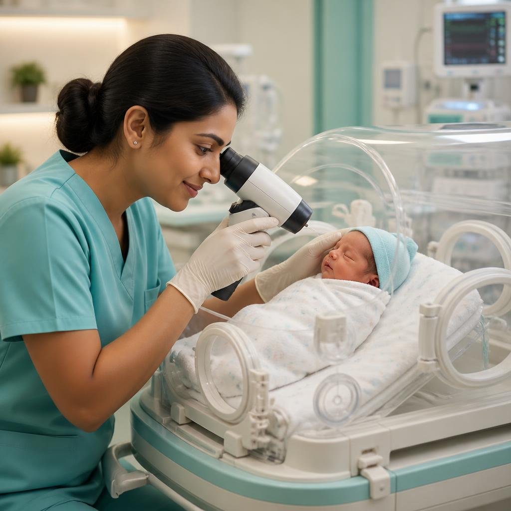 Illustrative ROP screening with a premature newborn receiving a gentle eye examination in a neonatal unit